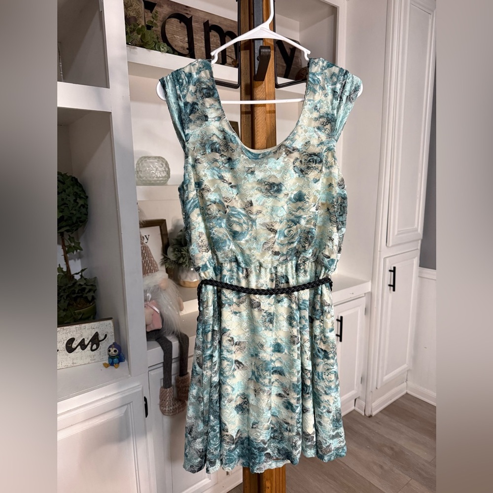 Pink Rose Blue and Cream Floral Midi Dress
